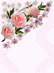 spring tree blossom and rose blooms on pink background
