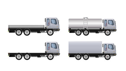 Set of trucks side view. Delivery of cargo. Solid and flat color design. White truck for transportation. Separate on a white background. Vector.