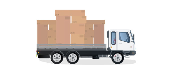 The lorry carries boxes. Truck, Cardboard boxes. The concept of delivery and loading of cargo. Isolated. Vector.
