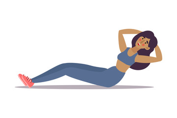 Fitness trainer girl doing abdominal press exercise in a gym. Vector illustration in flat cartoon style