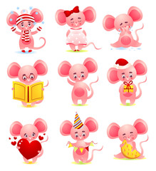 Set of the cute pink mouse in different situations. Vector illustration in flat cartoon style.