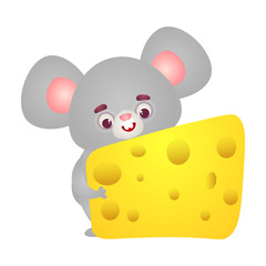 Happy grey mouse character with big ears holding in paws yellow cheese slice. Vector illustration in the flat cartoon style.