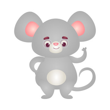 Happy grey mouse character standing with big pink ears and waving his hand. Vector illustration in the flat cartoon style.
