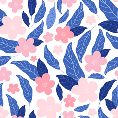 Abstract flower hand drawn vector seamless pattern. Blooming sakura, cherry and leaves. Garden blossoms texture. Botanical background. Floral textile, fabric, wrapping paper design, fashion prints.