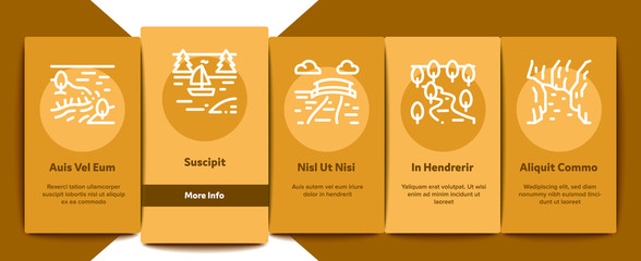 Naklejka premium River Landscape Onboarding Mobile App Page Screen Vector. River With Mountain And Forest, Bridge And City Buildings, Water Mill And Field Color Contour Illustrations