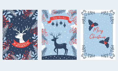 Vertical Merry Christmas and Happy Holidays Cards with Fir Tree Branches, Deer and Decorative Snowflakes Vector Set