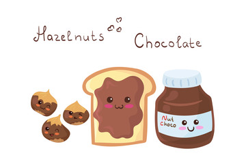 Bread toast with chocolate & hazelnut spread, smiling funny nuts & jar with hand drawn lettering. Vector kawaii food illustration in cute cartoon style isolated on white. Nuts dessert, breakfast, menu