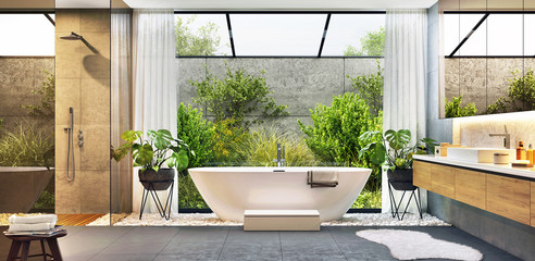 Fototapeta Luxurious modern bathroom with bathtub and large window obraz