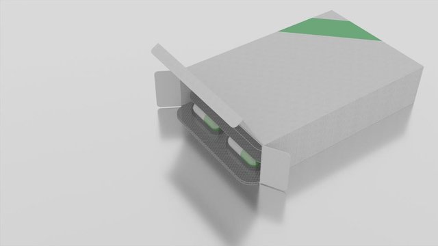 Animazione illustrazione 3D. Confezione in blister di farmaci medicinali in capsule..