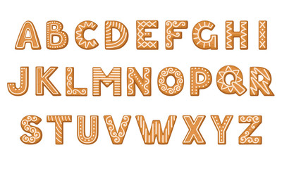 Gingerbread Cookies in the Shape of Alphabet with Icing Sugar Ornament Vector Set