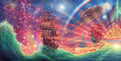 Panoramic oil painting sea landscape on canvas with fantasy sky, stars, clouds, waves, ship, beautiful sunset, sun light beams and rainbow, hand drawn seascape illustration.