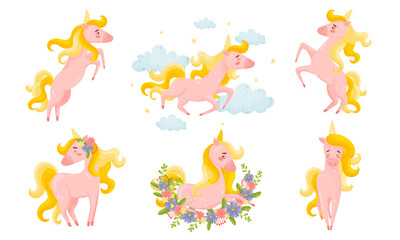 Pink Unicorn with Slender Legs and Golden Mane Vector Set