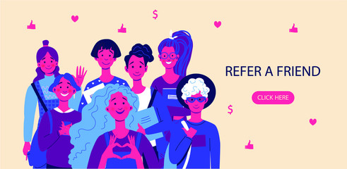 Refer a friend concept with a group of happy friends waving at the camera. Landing page, template, ui, web, mobile app, poster, banner, flyer.