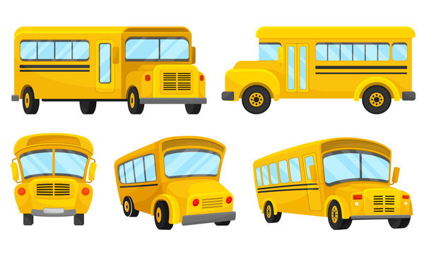 Yellow School Bus Viewed from Different Angles Vector Set