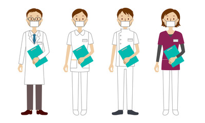 Illustration set of healthcare workers (doctors, nurses, physiotherapists, radiologists) who have medical records