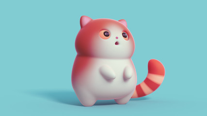 Surprised little kawaii red cat with open mouth and big orange eyes stands on its hind legs on blue background. Cartoon funny cute fat cat with white belly and a striped tail. 3d digital illustration.