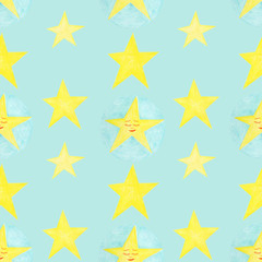 Lovely yellow stars on blue background - repeating pattern in childish style