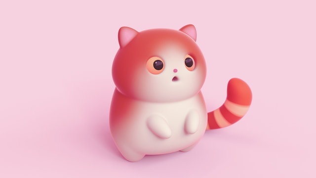 Surprised little kawaii red cat with open mouth and big orange eyes stands on its hind legs on pink background. Cartoon funny cute fat cat with white belly and a striped tail. 3d digital illustration.