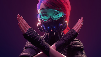 3d illustration of cyberpunk girl with short red hair wearing futuristic gas mask with protective green glasses and filters in leather jacket with crossed hands, gesturing stop, warning of danger. © roman3d