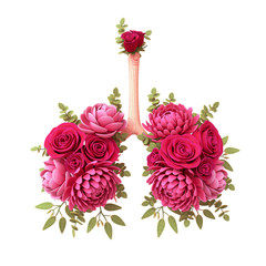 Botanical Floral Lungs with red blooming roses, peonies, chrysanthemum, eucalyptus. Bronchial tree. Respiratory system. Medical concept of healthy human lungs. 3d rendering isolated on white backdrop - obrazy, fototapety, plakaty