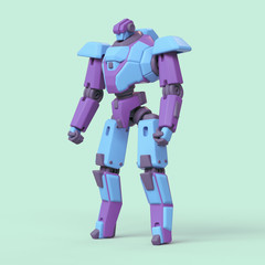Sci-fi mech soldier toy standing on green background. Futuristic battle robot with blue and purple color armor. Mech Battle with artificial intelligence. Cartoon retro robot character. 3D rendering