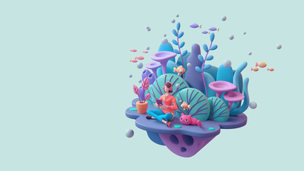 Woman in headphones learning online with tablet at home. Brunette girl enjoys listening to music from mobile phone deep underwater with cat, fish, coral reefs. 3d render on light turquoise backdrop