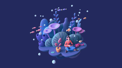 Young woman in headphones learning online with tablet at home. Brunette girl enjoys listening to music from mobile phone deep underwater with cat, fish, algae, coral reefs. 3d render on blue backdrop