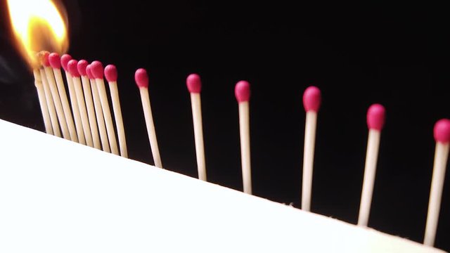 Stop virus spread concept. Matchsticks burning on black. Slow Motion