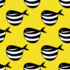 Seamless pattern. Cute Fish on yellow background. vector