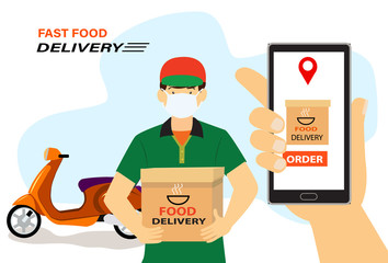 Woman hand holding mobile phone and Order fast food online, Delivery boy with box food standing at customer house. Contactless delivery. Stay at home. Concept of  prevention of spread of coronavirus. 