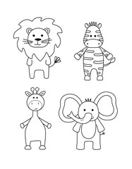 A set of simple silhouettes of cartoon animals, Zebra, lion, giraffe, elephant. Primitive outline, funny toy, fantasy. Cute coloring book for small children, vector illustration.