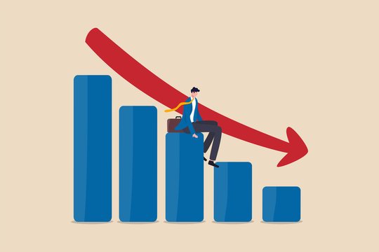 Economic recession, financial crisis or stock market crash due to COVID-19 Coronavirus pandemic concept, unemployed businessman investor or business owner sitting on falling down bar graph, red arrow.