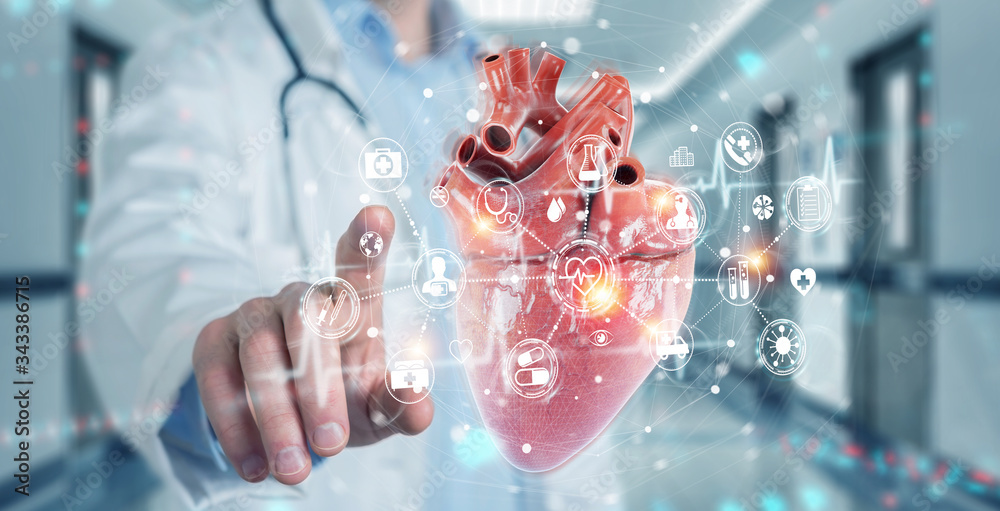 Poster Cardiologist using digital x-ray of human heart holographic scan projection 3D rendering