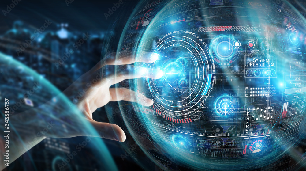 Poster Businessman using digital technological interface with datas 3D rendering