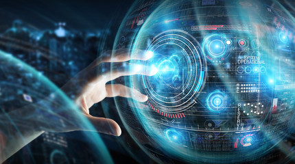 Fototapeta premium Businessman using digital technological interface with datas 3D rendering