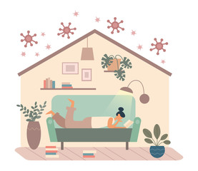 Cartoon female reading book spending time at home on quarantine