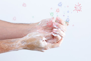 Close up image of washing hand against white background