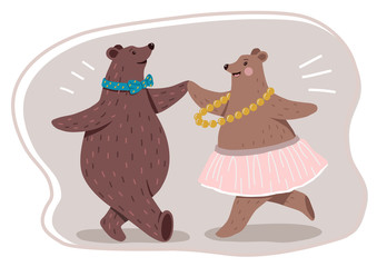 Dancing bears couple. Ballroom dancing bears. New Year party invitation. Simple vector illustration