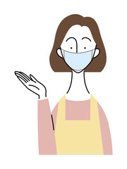 エプロンとマスクを付けた女性／説明・案内のジェスチャー
