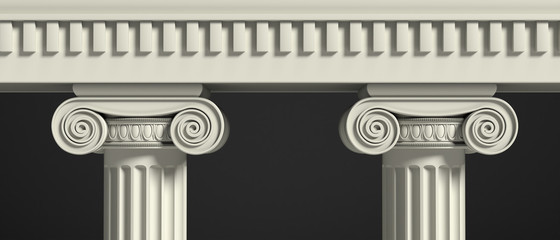Ancient greek temple, ionic style marble pillars and roof detail, black background. 3d illustration.