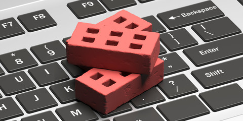 Brown bricks with holes on laptop keyboard background. Brickwork. 3d illustration