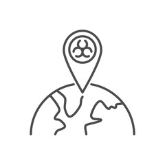 Epidemic related vector thin line icon. Biohazard positioning mark on globe. Isolated on white background. Editable stroke. Vector illustration.