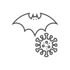 Obraz premium Bat carrier of coronavirus related vector thin line icon. Bat and virus. Isolated on white background. Editable stroke. Vector illustration.