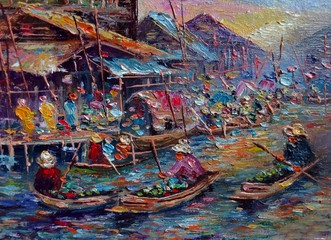 Art painting Oil color Floating market Thai land , countryside