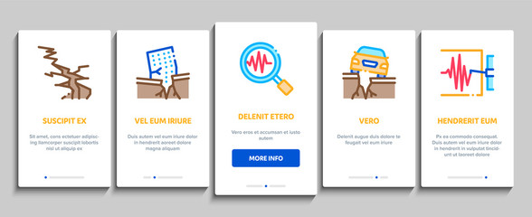 Earthquake Disaster Onboarding Mobile App Page Screen Vector. Building And Road Destruction, Stone Collapse And Earthquake Catastrophe Color Contour Illustrations