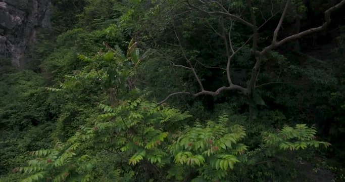 Magnificent Aerial view of Am Tien Cave, Tuyet Tinh Coc, a peaceful blue lake in the valley, located in Hoa Ly ancient capital relic, Ninh Binh Province, known as the paradise place on earth