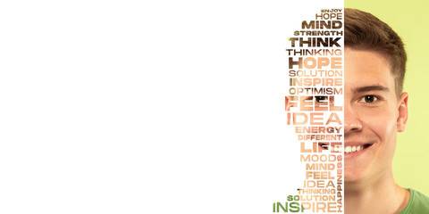 Portrait of happy and inspired man with lettering hope, idea, solution, mind, flyer with copyspace...