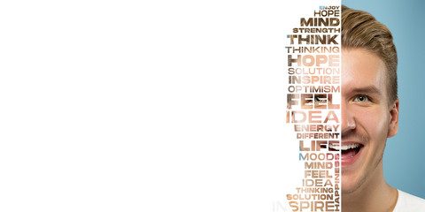 Portrait of happy and inspired man with lettering hope, idea, solution, mind, flyer with copyspace...