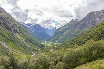 Fototapeta na wymiar Wonderful view of the Green Valley in the mountains of Norway, selective focus