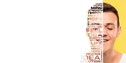 Portrait of happy and inspired man with lettering hope, idea, solution, mind, flyer with copyspace...